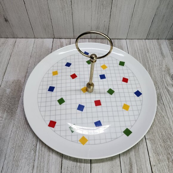 Vintage Japanese Checkered Tiled Decor Serving Tray Platter with Metal Handle - Picture 5 of 10